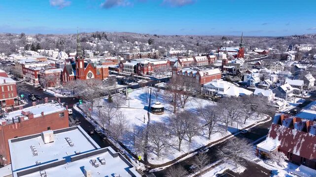 First Congregational Church and Town Common aerial view in winter on Central Street in historic town center of Natick, Massachusetts, USA.