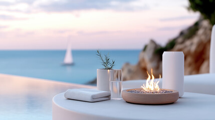 Fototapeta premium Tabletop fire pit burning on a wooden table, providing warmth and ambiance at sunset, creating a relaxing and luxurious outdoor living experience by the calm ocean