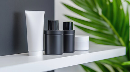 Fototapeta premium White and black cosmetic bottles with pump dispenser and cap on a modern white shelf, presenting product display for a luxury beauty salon, spa, or personal care concept