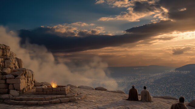 King David building an altar on Araunah&rsquo;s threshing floor as the plague stops, a moment of repentance and God&rsquo;s mercy in the biblical story recorded in 2 Samuel.
