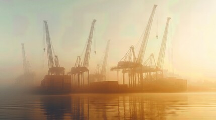 Obraz premium Industrial port cranes in fog at sunrise