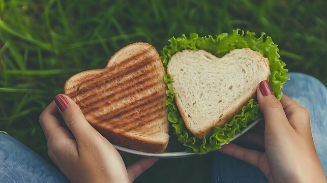 Heart shaped sandwiches in hands on green background