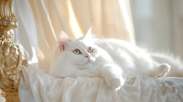 A white cat lies on a golden chair in a bright room filled with soft light. The cat stretches and naps comfortably as sunlight fills the space during morning hours
