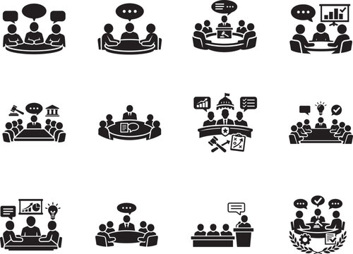 Council meeting flat vector icons set with boardroom discussion, teamwork, governance and conference signs.