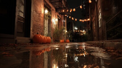 Naklejka premium Spooky Autumn Night in a Wet City Alley with Halloween Pumpkins