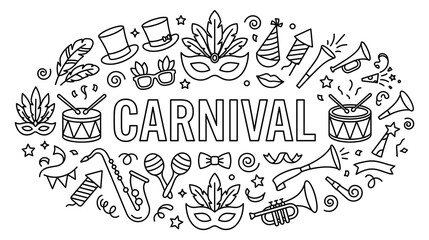 Carnival lettering poster with outline festival doodles and symbols © GW