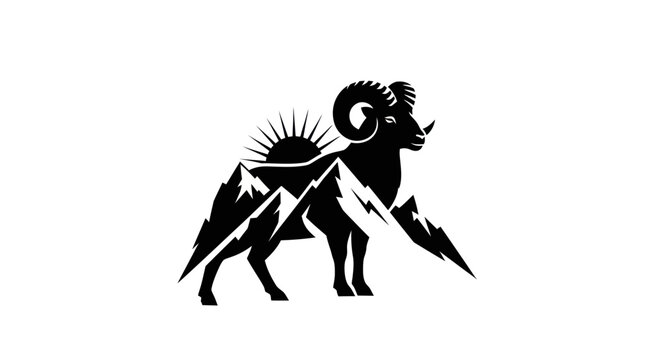 Ram silhouette with mountains and sun