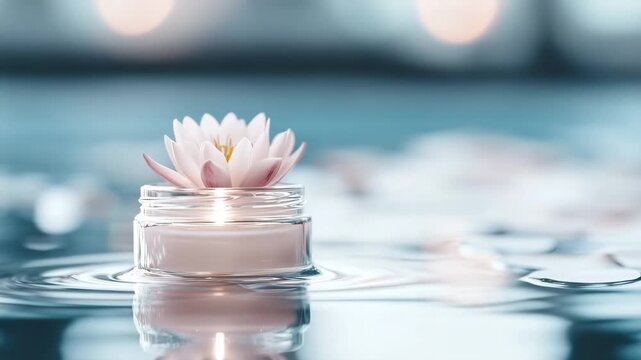 A jar of skincare cream floating in water, surrounded by flower petals. The setting highlights the use of natural ingredients for healthy skin