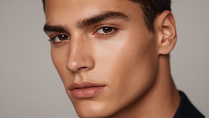 Naklejka premium Posing male model holding neutral expression in studio, showing catchlights and dark collar
