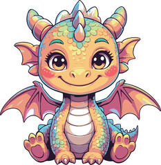 Naklejka premium baby dragon sitting and smiling with folded wings, sticker style cartoon dragon mascot, adobe illustrator vector design, white background 1