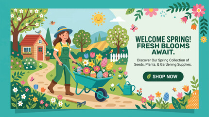 Fototapeta premium Spring gardening scene with woman pushing wheelbarrow full of flowers and Easter eggs, house, trees, and rolling hills, banner design with 