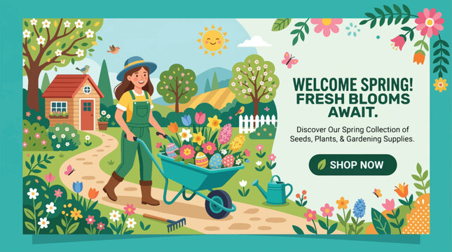 Spring gardening scene with woman pushing wheelbarrow full of flowers and Easter eggs, house, trees, and rolling hills, banner design with "Welcome Spring! Fresh Blooms Await."