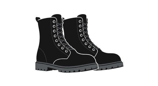 Pair of Black Combat Boots with Laces on White Background