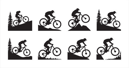 Naklejka premium Mountain biker silhouettes, downhill riding, extreme sport, outdoor activity, cycling adventure set