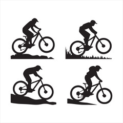 Mountain biker silhouettes, dynamic poses, extreme sport, outdoor activity, cycling adventure set
