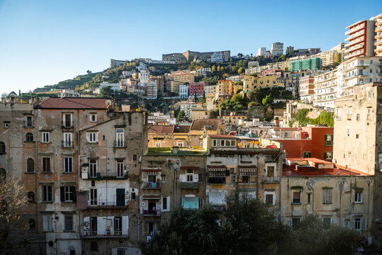 View of Parco Ventaglieri and Baskeball court from the Montesanto district of Naples. Italy