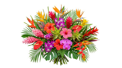 Vibrant tropical flower bouquet featuring exotic blooms like orchids, bromeliads, and hibiscus, arranged with lush green foliage for a stunning display © Graphic Studio