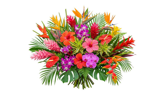 Vibrant tropical flower bouquet featuring exotic blooms like orchids, bromeliads, and hibiscus, arranged with lush green foliage for a stunning display