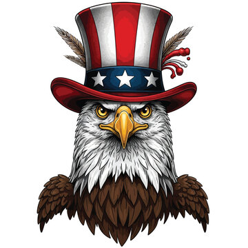 Fierce eagle head in uncle sam hat with feathers and american flag - patriotic symbol