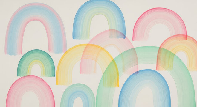 Multiple softly colored, overlapping rainbow arches create a cheerful, abstract background pattern on a light surface.