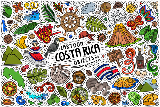 Costa Rica cartoon vector set with animals, plants, beaches, volcanoes, culture and food. Great for travel, adventure, tourism and eco design