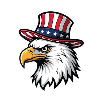 Regal american bald eagle head wearing uncle sam style striped top hat - vector art for national identity and heritage with american flag with vector illustration