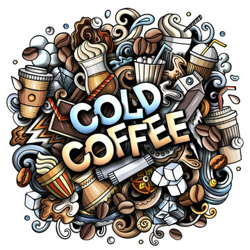Vector doodle illustration of cold coffee drinks, cups, ice, beans, and cafe elements. Perfect for coffee shops, summer beverages, packaging, advertising, menus, and branding projects