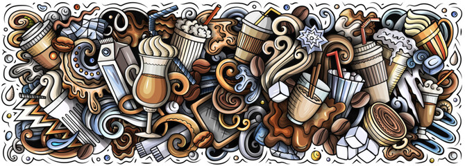 Vector doodle banner illustration of iced latte and cold coffee drinks with cups, beans, ice, milk, and cafe elements. Ideal for coffee shops, summer drinks, packaging, menus, and branding projects © balabolka