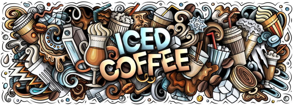 Vector doodle banner illustration of iced latte and cold coffee drinks with cups, beans, ice, milk, and cafe elements. Ideal for coffee shops, summer drinks, packaging, menus, and branding projects