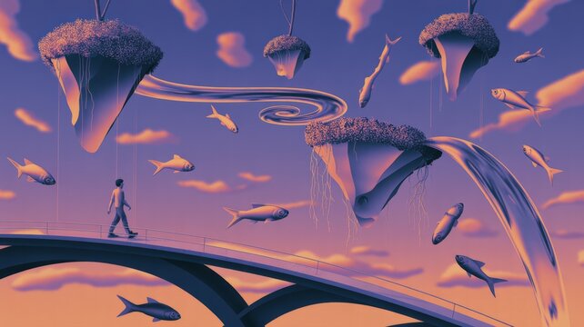 Surreal dreamscape with floating islands, waterfalls, and flying fish under a twilight sky.