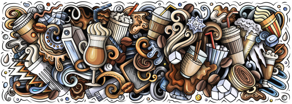 Vector doodle banner illustration of iced latte and cold coffee drinks with cups, beans, ice, milk, and cafe elements. Ideal for coffee shops, summer drinks, packaging, menus, and branding projects