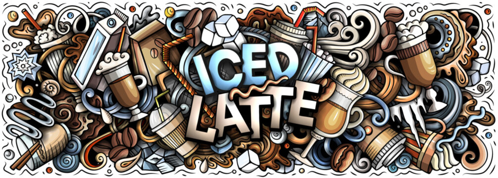 Vector doodle banner illustration of iced latte and cold coffee drinks with cups, beans, ice, milk, and cafe elements. Ideal for coffee shops, summer drinks, packaging, menus, and branding projects