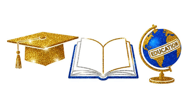 Glittery graduation cap, open book, and globe with education label