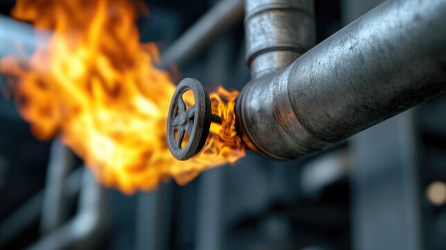 Industrial gas pipeline with a critical leak emitting intense powerful flames, showing a hazardous situation and the urgent need for safety and emergency response