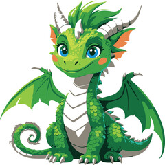 Fototapeta premium friendly dragon sitting proudly with curled tail, adorable fantasy creature mascot, flat vector illustration, white background 2