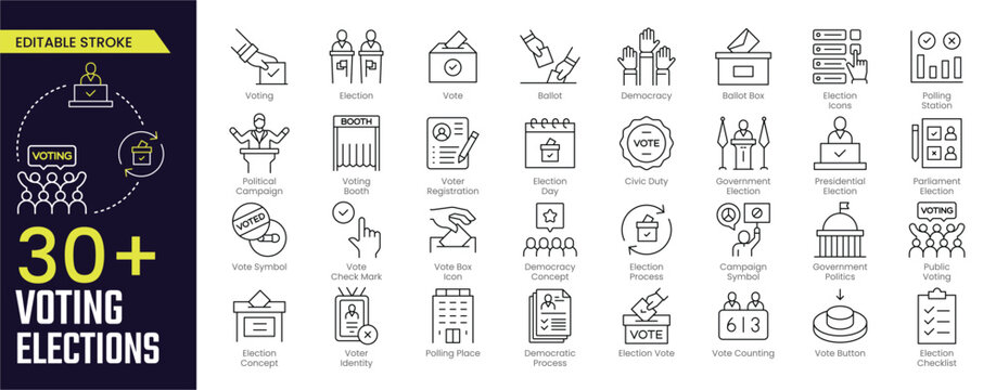 Voting Elections Stroke icon collections. Containing voting, election, vote, ballot, democracy, ballot box, election, polling station, and voting booth icons. Editable Stroke icon collection
