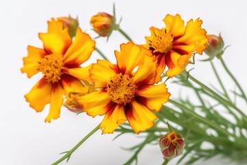 Fototapeta premium Vibrant orange Coreopsis flowers with green stems and leaves are arranged in a bouquet against a plain background
