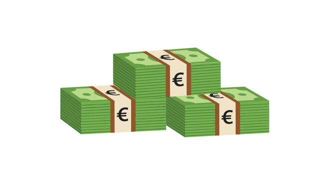 Three thick stacks of green euro currency notes bundled together, representing cash savings, banking, and financial wealth.
