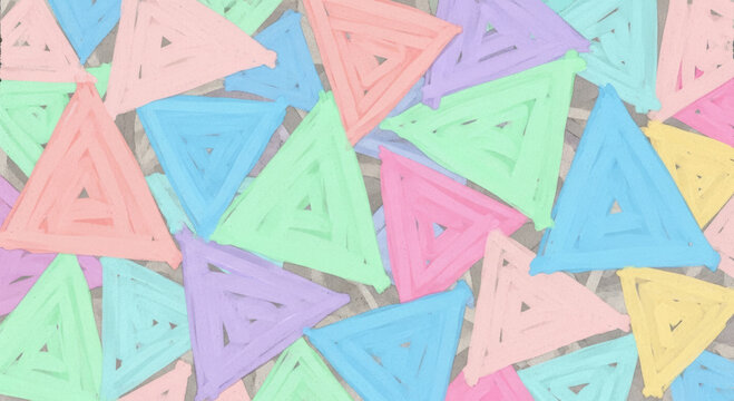 Overlapping pastel colored triangles create a dense, repeating geometric pattern with a faded background texture.