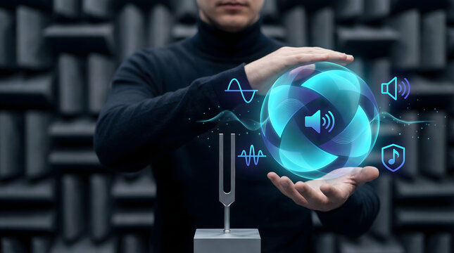 Audio Engineer Using Glowing Holographic Interface for Noise Cancellation and Sound Design