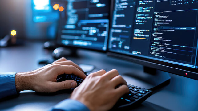 Person typing code on an illuminated keyboard, demonstrating fast data processing and cybersecurity measures for protecting digital information, networks, and software vulnerabilities