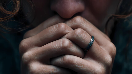 Close-up of hands nervously fidgeting with a ring, Generative AI illustrations.