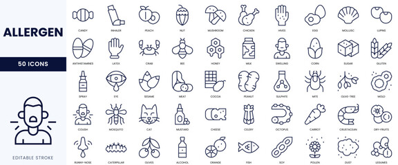 Set of allergen icons featuring various food items and allergens in a clean, minimalist design.