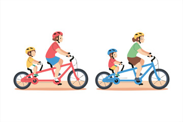 Fototapeta premium Families on tandem bikes, parents and children cycling, red and blue bikes