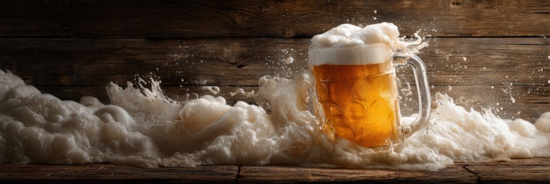 Refreshing Beer Mug with Exploding Foam on Rustic Wood Background