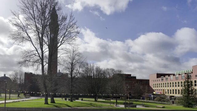 Tracking Shot of Old Joe Clock Tower and Chancellor's Court at University of Birmingham.
A smooth tracking camera movement capturing the iconic Joseph Chamberlain Memorial Clock Tower (Old Joe).