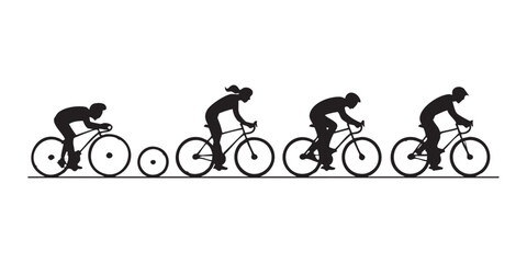 Fototapeta premium Cyclists on bicycles racing in a line with different wheel sizes showing evolution
