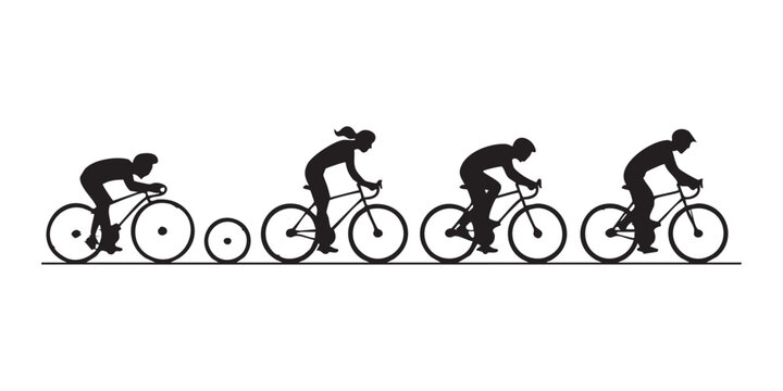 Cyclists on bicycles racing in a line with different wheel sizes showing evolution