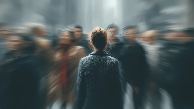 Urban loneliness concept with a person standing still among blurred moving crowds, Generative AI illustrations.