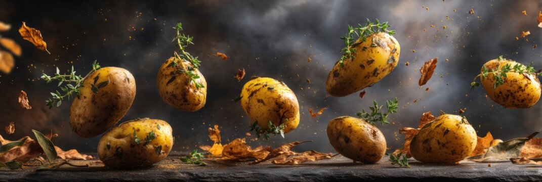 Flying Seasoned Potatoes with Fresh Herbs on Dark Rustic Background
